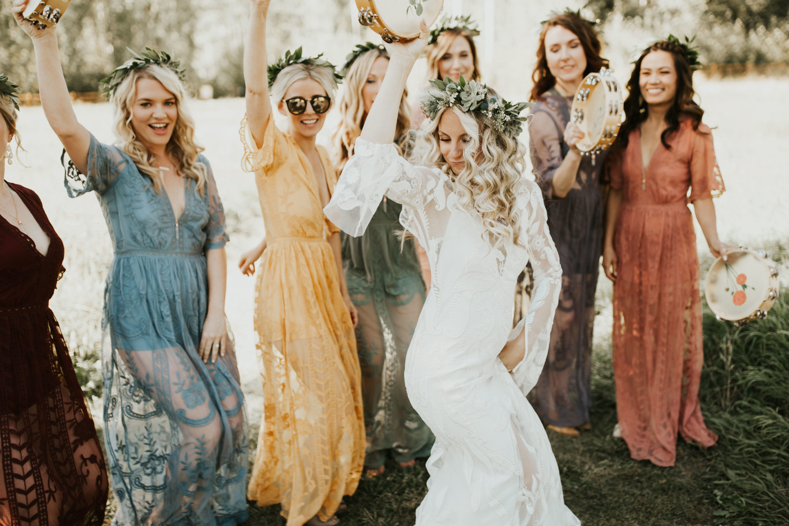 bridal party dancing with tambourines
